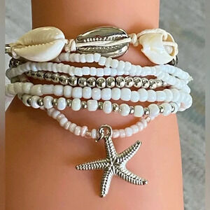 Real Seashells Beaded Stretch Tie Multiple Bracelets Beach Vacation Summer NEW